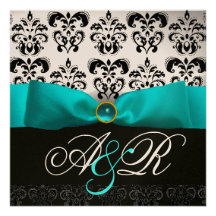 MONOGRAMME NOIR BLANC BLEU DE DAMASSÉ DU RUBAN TUR INVITATIONS