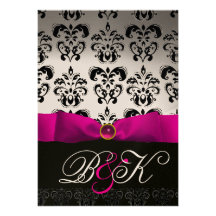 MONOGRAMME NOIR BLANC DE DAMASSÉ DE RUBAN FUCHSIA  INVITATIONS PERSONNALISÉES