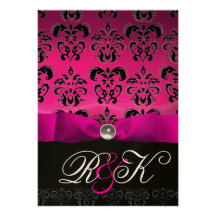 MONOGRAMME NOIR BLANC DE DAMASSÉ DE RUBAN FUCHSIA  INVITATIONS PERSONNALISÉES