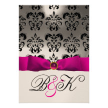 MONOGRAMME NOIR BLANC DE DAMASSÉ DE RUBAN FUCHSIA  INVITATION PERSONNALISÉE