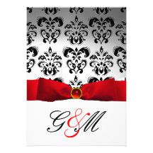 MONOGRAMME NOIR BLANC DE DAMASSÉ DE RUBAN ROUGE INVITATIONS PERSONNALISÉES