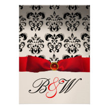 MONOGRAMME NOIR BLANC DE DAMASSÉ DE RUBAN ROUGE FAIRE-PART