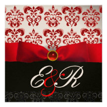 MONOGRAMME NOIR BLANC ROUGE DE DAMASSÉ DE RUBAN RO INVITATIONS