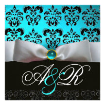 MONOGRAMME NOIR BLEU DE DAMASSÉ DU RUBAN BLANC TUR INVITATIONS