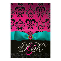 MONOGRAMME NOIR FUCHSIA DE DAMASSÉ DE ROSE DE RUBA INVITATIONS