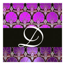 MONOGRAMME NOIR POURPRE D'OEILLETS DE DAMASSÉ INVITATIONS PERSONNALISÉES
