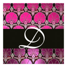 MONOGRAMME NOIR POURPRE ROSE D'OEILLETS DE DAMASSÉ INVITATIONS PERSONNALISÉES