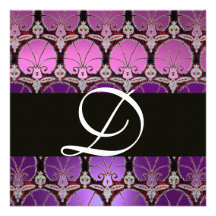 MONOGRAMME NOIR VIOLET POURPRE D'OEILLETS DE DAMAS INVITATION PERSONNALISÉE