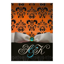 MONOGRAMME ORANGE DE DAMASSÉ DE NOIR BLEU DE RUBAN FAIRE-PART PERSONNALISÉ