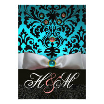MONOGRAMME ROSE TURQUOISE DE DAMASSÉ DE NOIR BLEU  INVITATIONS PERSONNALISÉES