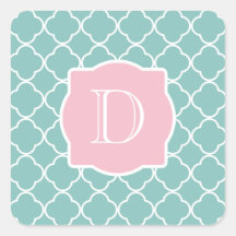 Monogramme rose vert clair de Quatrefoil Stickers Carrés