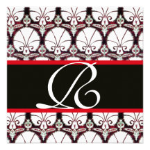 MONOGRAMME ROUGE BLANC NOIR D'OEILLETS DE DAMASSÉ INVITATION