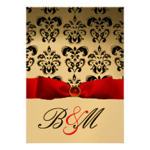 MONOGRAMME ROUGE DE DAMASSÉ DE NOIR D'OR DE RUBAN INVITATIONS