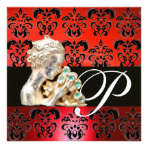 MONOGRAMME ROUGE, NOIR, BLANC DE BIJOU DE DAMASSÉ INVITATIONS PERSONNALISÉES