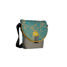 Monogramme Teal et motif floral vintage jaune Sacoche