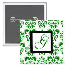 MONOGRAMME VERT ET BLANC DE CARRÉ DE DAMASSÉ BADGE AVEC ÉPINGLE