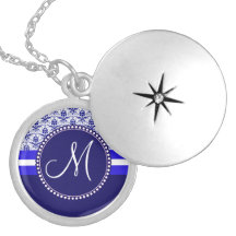 Motif bleu de monogramme et blanc élégant de damas médaillons