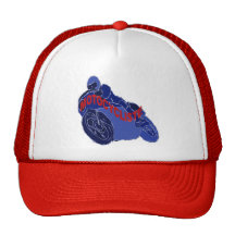MOTOCYCLISTE ECRIT EN ROUGE CASQUETTE DE CAMIONNEUR