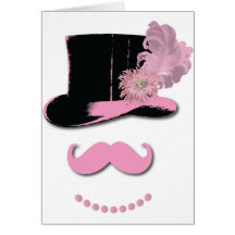 Moustache rose, chapeau supérieur, plumes, et fleu cartes de vœux
