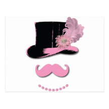 Moustache rose, chapeau supérieur, plumes, et fleu cartes postales