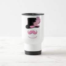 Moustache rose, chapeau supérieur, plumes, et fleu mug à café