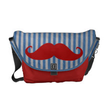 Moustache rouge drôle et rayures blanches bleues sacoche