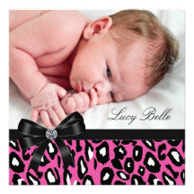 Naissance noire rose de photo de bébé de léopard cartons d'invitation