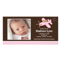 Naissance rose Annoucement de bébé d'avion Photocartes Personnalisées