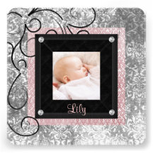 Naissance rose et noire élégante de photo de bébé carton d'invitation