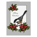 Noël : Vacances : Houx, baie : Chickadee, oiseau Carte