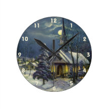 Noël vintage, église en hiver de neige de clair de pendules murales