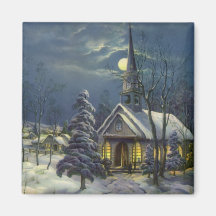 Noël vintage, église en hiver de neige de clair de aimants