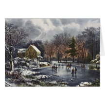 Noël vintage ; Étang tôt de patineurs de glace d'h Carte De Vœux