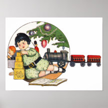 Noël vintage, garçon heureux jouant avec des jouet affiche
