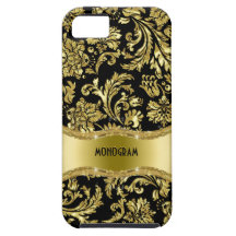 Noir et floral métallique d'or Damassé-Customisé Coque Case-Mate iPhone 5
