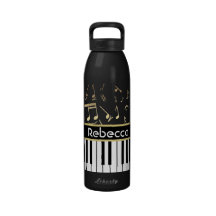 Noir et or de notes musicales et de clés de piano bouteille