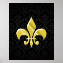Noir/or Damask Fleur de Lis Posters