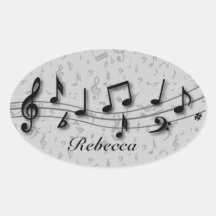 Notes musicales noires et grises personnalisées autocollants ovales