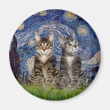 Nuit étoilée - deux chats de tigre tigrés aimants pour réfrigérateur