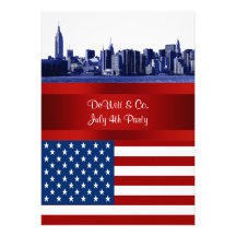 NYC Blue Etched Skyline ESB USA Flag Red W Blue Personalized Invitation