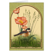 Oiseau chanteur avec des pavots cartes de vœux