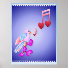 Oiseau et affiche roses de notes d'amour