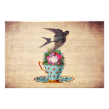 Oiseau vintage, roses, et tasse de thé photographies
