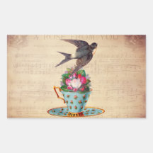 Oiseau vintage, roses, et tasse de thé autocollants