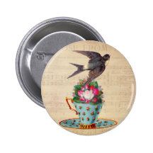 Oiseau vintage, roses, et tasse de thé pin's avec agrafe