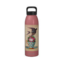 Oiseau vintage, roses, et tasse de thé bouteilles d'eau réutilisables