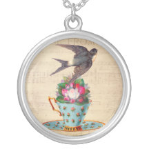 Oiseau vintage, roses, et tasse de thé bijouterie fantaisie