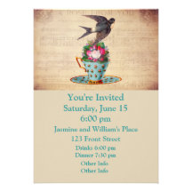 Oiseau vintage, roses, et tasse de thé invitation personnalisée