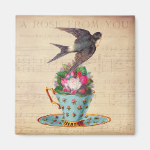 Oiseau vintage, roses, et tasse de thé aimant pour réfrigérateur