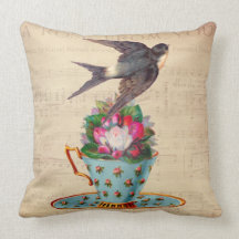 Oiseau vintage, roses, et tasse de thé oreillers